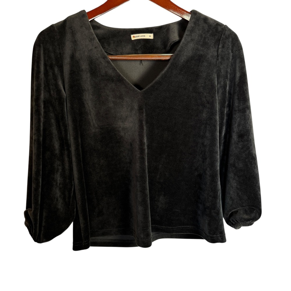 MARINE LAYER Black Jasmine Velour V-Neck Top Long Sleeve Size XS Holiday NYE - Picture 2 of 11